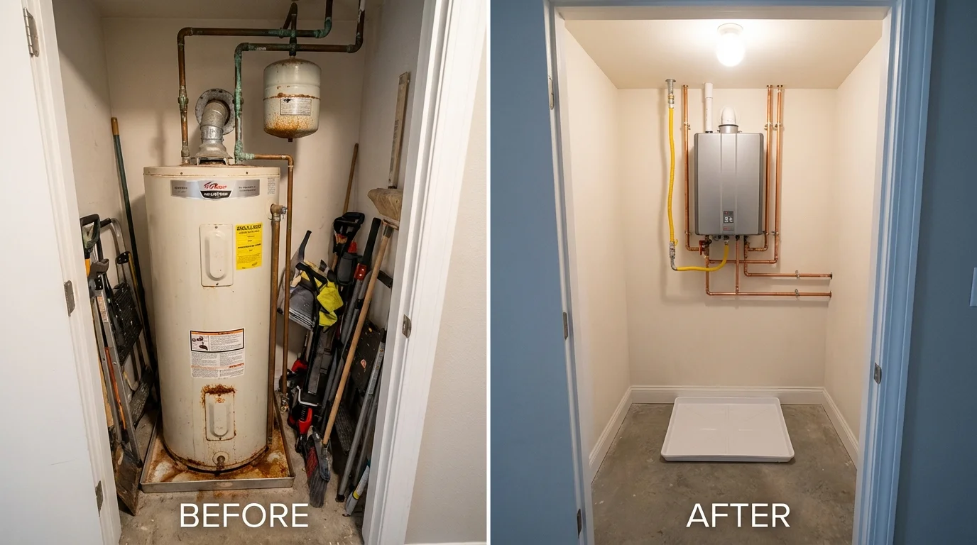 Tank water heater versus wall-mounted tankless unit comparison for Martinsville, IL homeowners