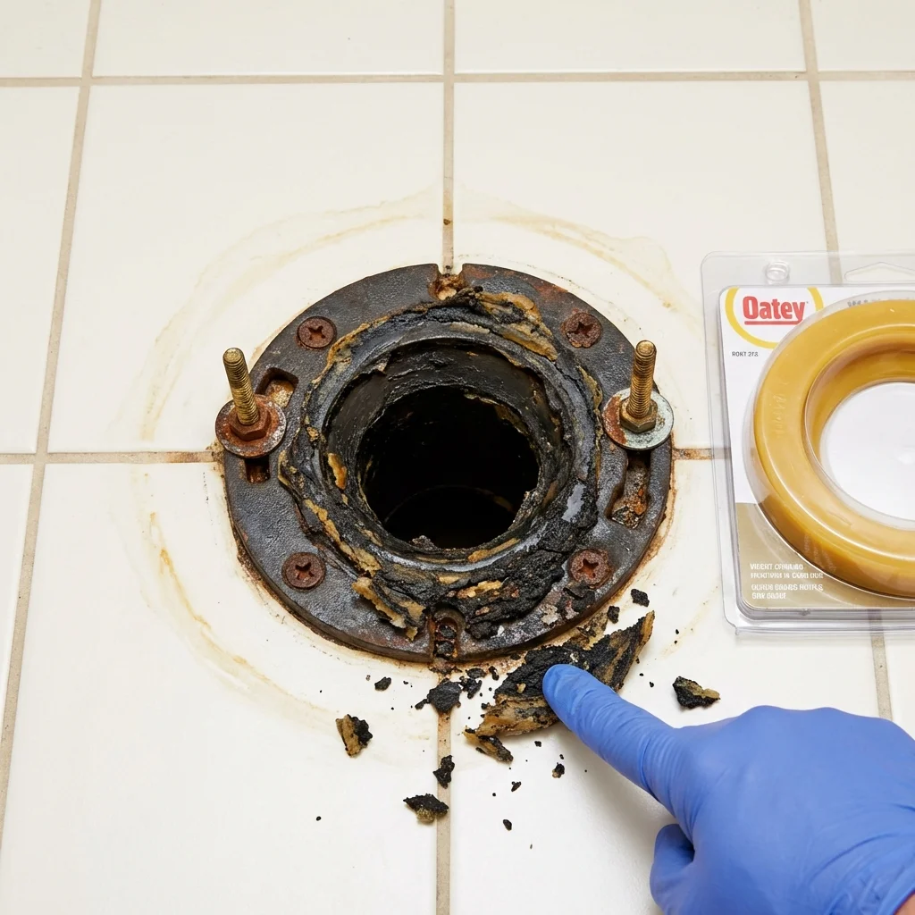 Failed wax ring showing water seepage at the base of a toilet in a Martinsville, IL home