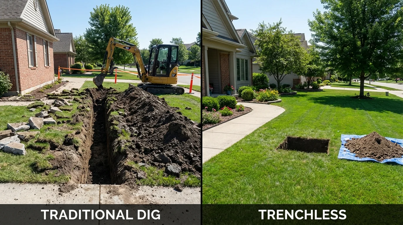Trenchless sewer repair with minimal yard damage versus traditional excavation in Martinsville, IL