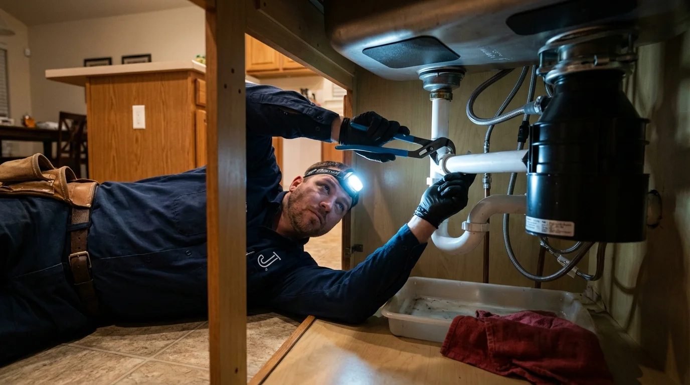 P-trap and supply line connections under a kitchen sink showing a common leak point in Martinsville, IL
